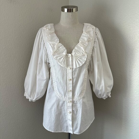Rachel Ray Victorian Inspired Fitted Blouse Peter Pan Neck Puff Sleeve Minimalis - Picture 1 of 16